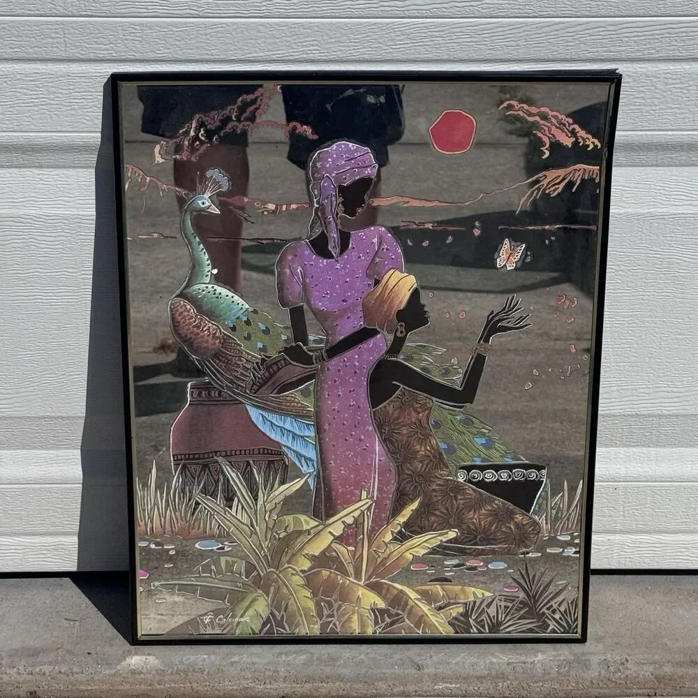 Vintage Coleman African Women Peacock Mirror Art 1970s Afrocentric 22”